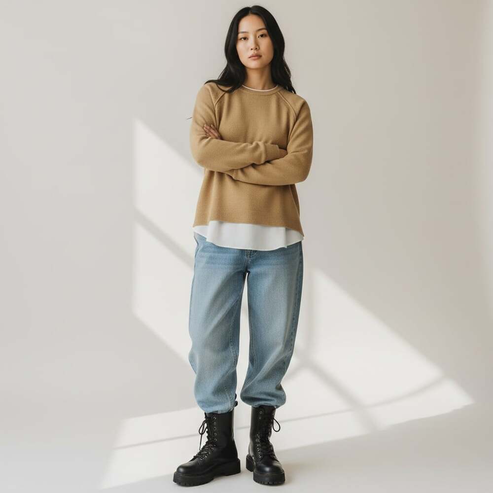 Design History Mixed Media Layered Crewneck Sweater Camel Grunge Cosy Baggy